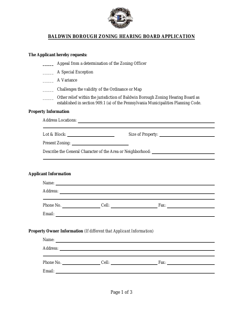 First page of the Zoning Hearing Application
