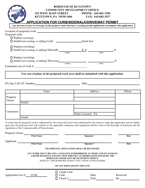 First page of the Application for Curb/Sidewalk/Driveway Permit
