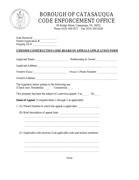 First page of the Uniform Construction Code Board of Appeals Application Form