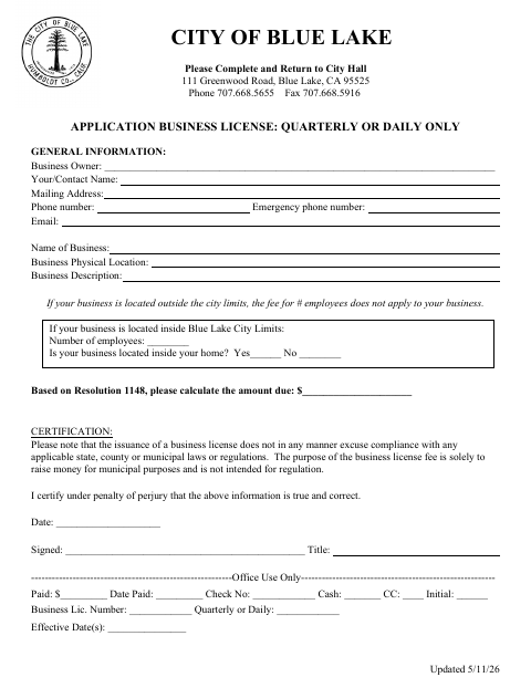 First page of the Business License Application – Quarterly or Daily
