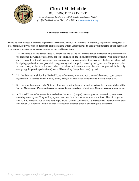First page of the Contractor Limited Power of Attorney