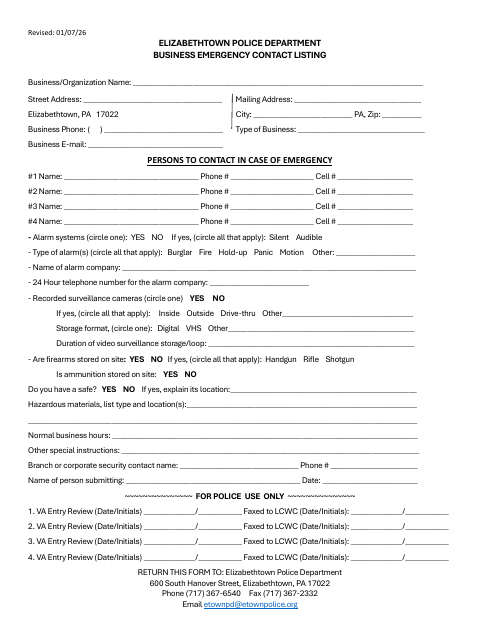 First page of the Business Emergency Contact Listing