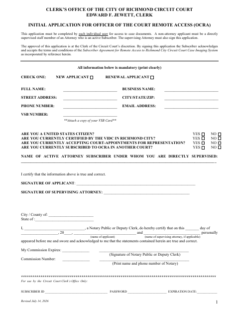 First page of the OCRA Application and Subscriber Agreement