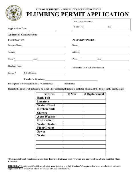 First page of the Application for Plumbing Permit