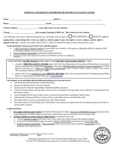 First page of the Affidavit and Request for Driver or Motorcycle Safety Course