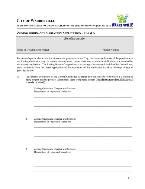 First page of the Zoning Ordinance Variation Application Form A
