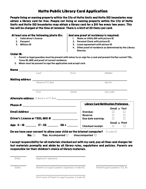 First page of the Library Card Application