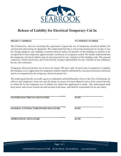 First page of the Release of Liability for Electrical Temporary Cut In