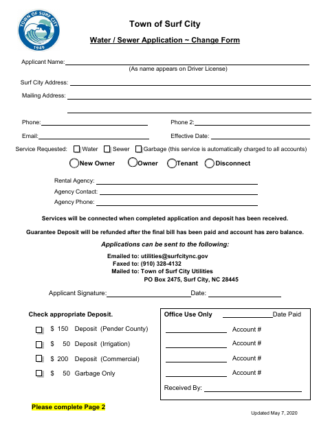 First page of the Water / Sewer Application Change Form