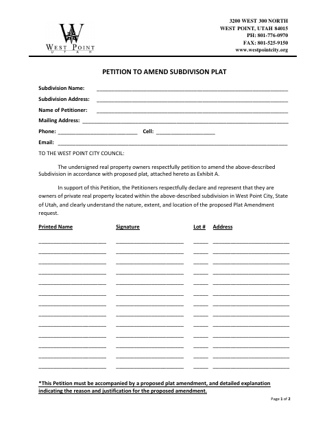 First page of the Petition to Amend Subdivision Plat