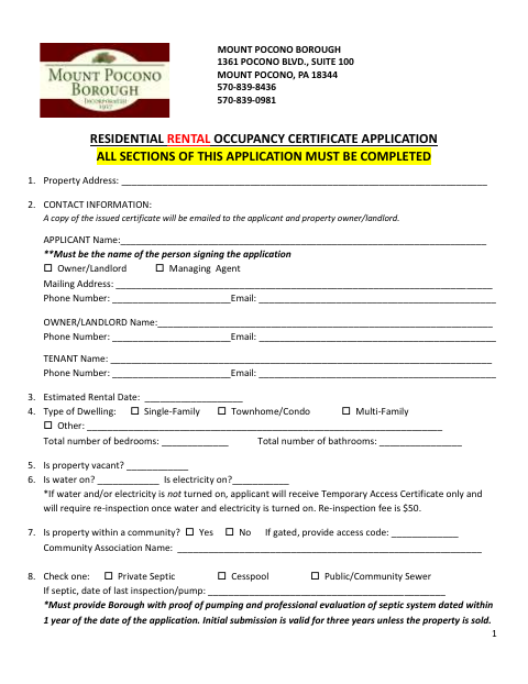 First page of the Residential Rental Occupancy Certificate Application