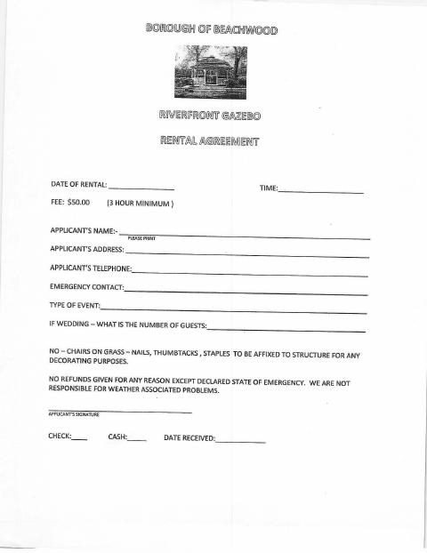 First page of the Riverfront Gazebo Rental Agreement