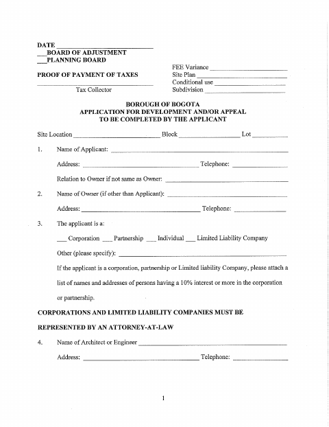 First page of the Application for Development and/or Appeal