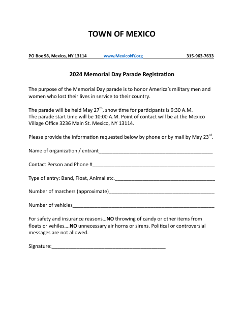 First page of the 2024 Memorial Day Parade Registration
