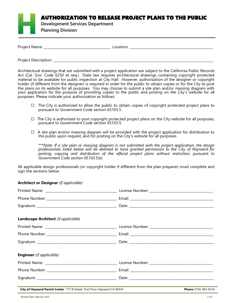 First page of the Authorization to Release Project Plans to the Public