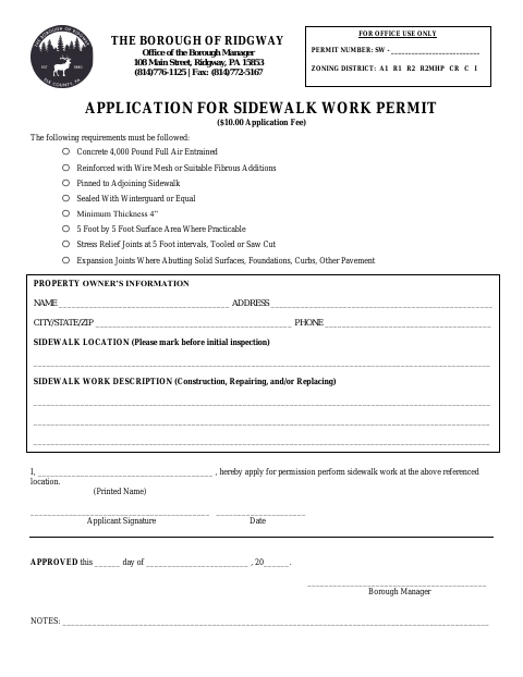 First page of the Application for Sidewalk Work Permit