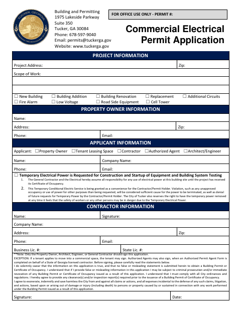 First page of the Commercial Electrical Permit Application