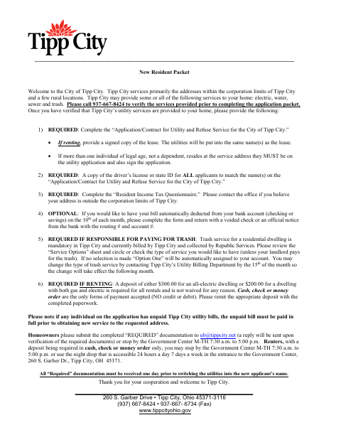 First page of the New Resident Packet