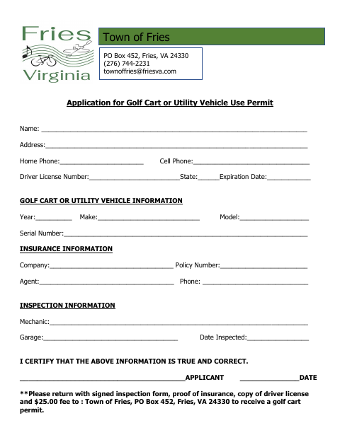 First page of the Application for Golf Cart or Utility Vehicle Use Permit