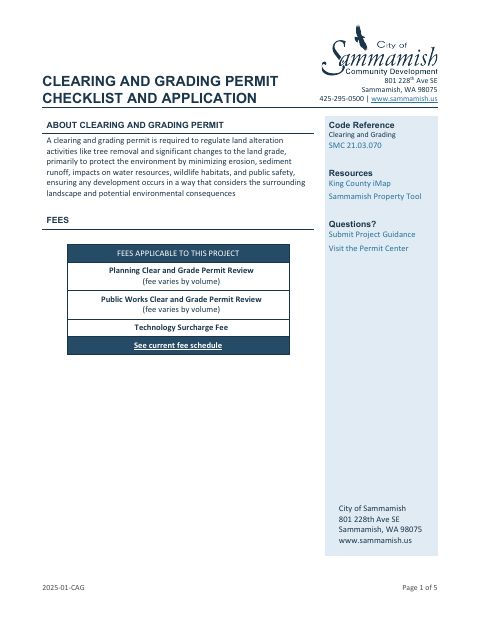 First page of the Clearing and Grading Permit Checklist and Application