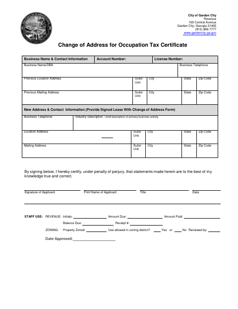 First page of the Change of Address for Occupation Tax Certificate