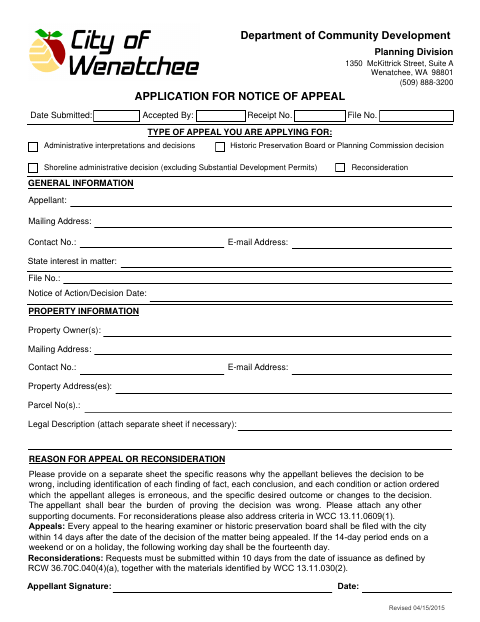 First page of the Application for Notice of Appeal