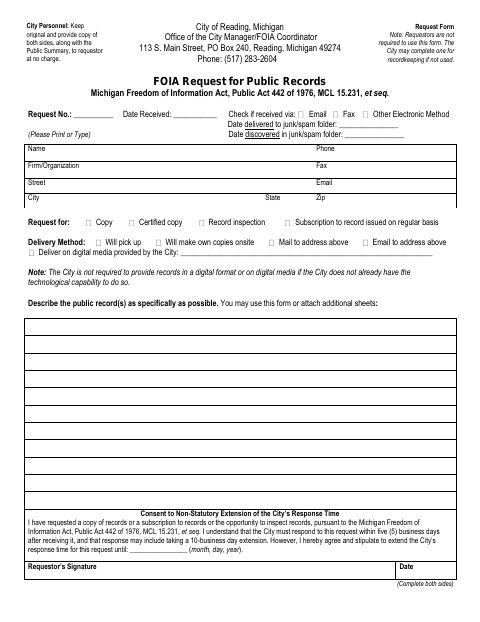 First page of the FOIA Request for Public Records