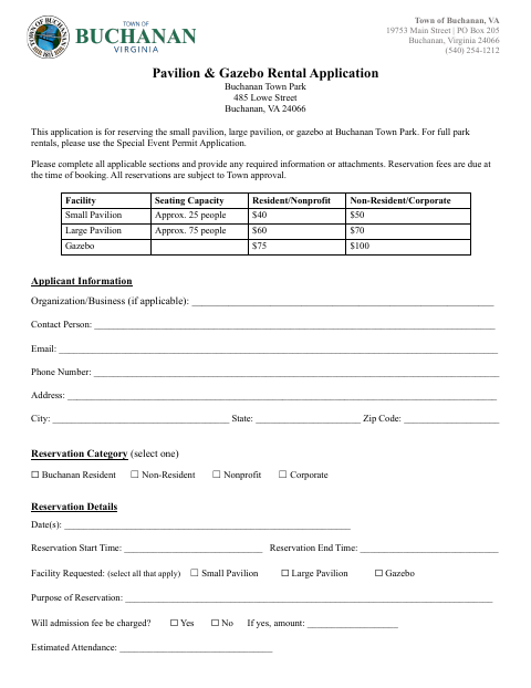 First page of the Pavilion & Gazebo Rental Application
