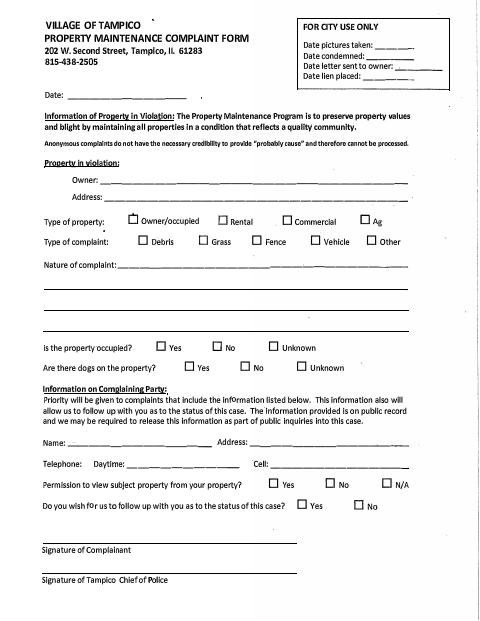 First page of the Property Maintenance Complaint Form