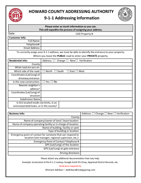 First page of the 9-1-1 Addressing Information