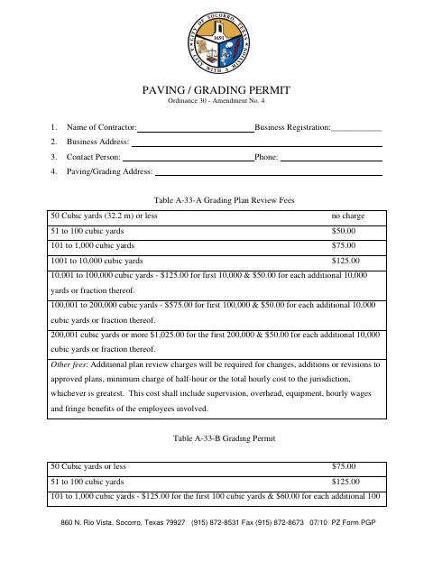 First page of the Paving / Grading Permit