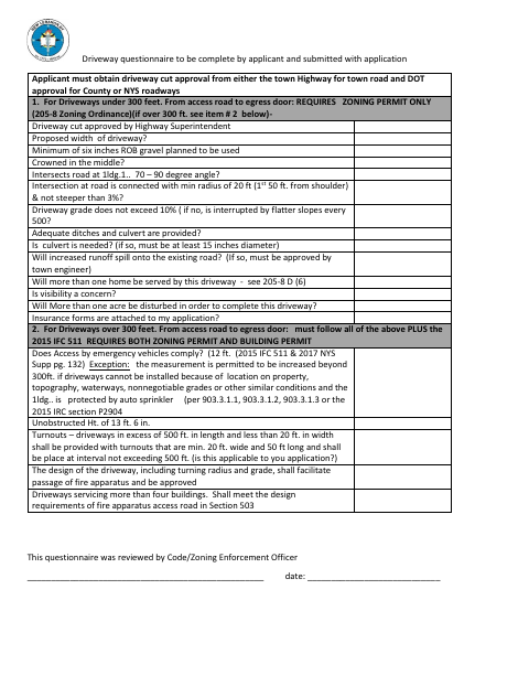 First page of the Driveway Questionnaire