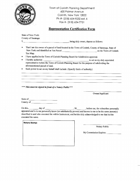 First page of the Representation Certification Form