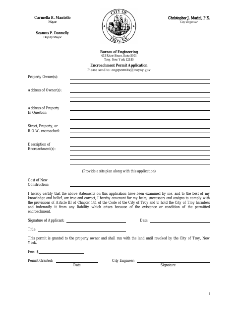 First page of the Encroachment Permit Application