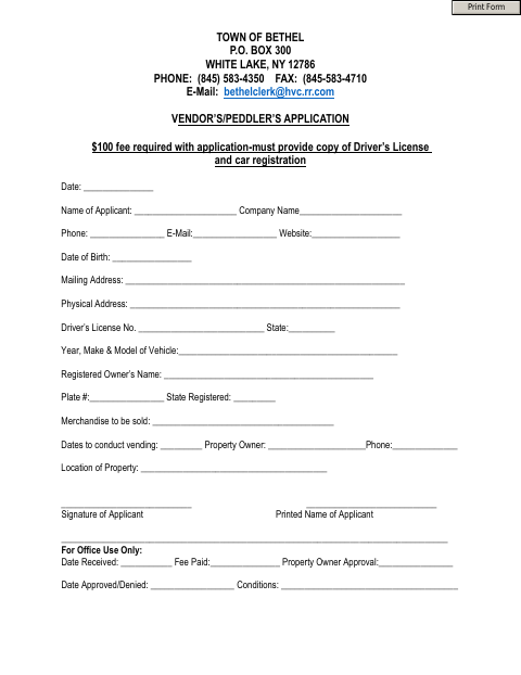 First page of the Vendor’s/Peddler’s Application