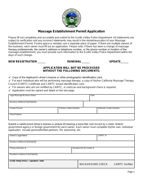 First page of the Massage Establishment Permit Application