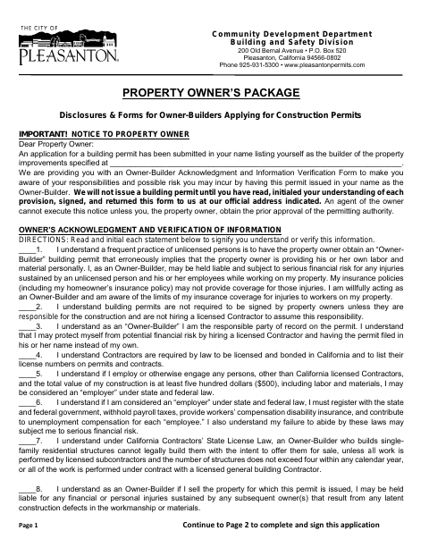 First page of the Property Owner’s Packet – Disclosures & Forms for Owner-Builders
