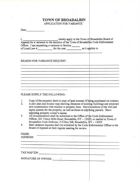 First page of the Board of Appeals Variance Application