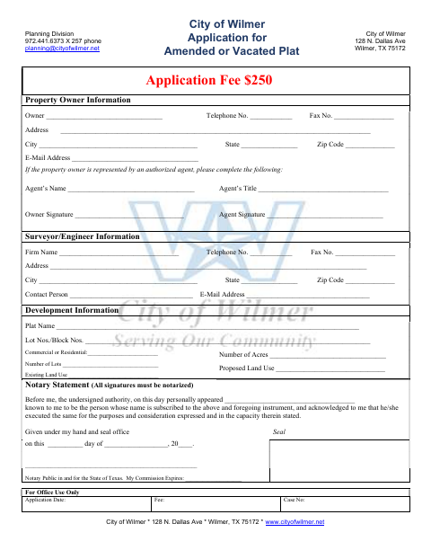 First page of the Application For Amended Or Vacated Plat