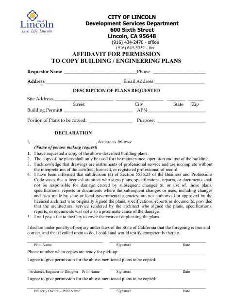 First page of the Affidavit for Permission to Copy Building and Engineering Plans