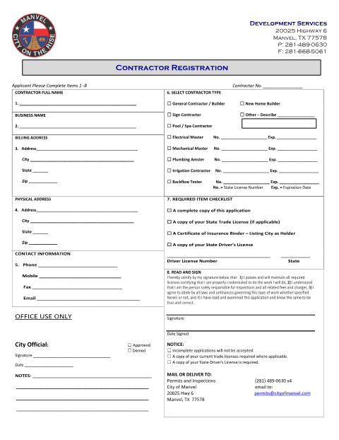 First page of the Contractor Registration