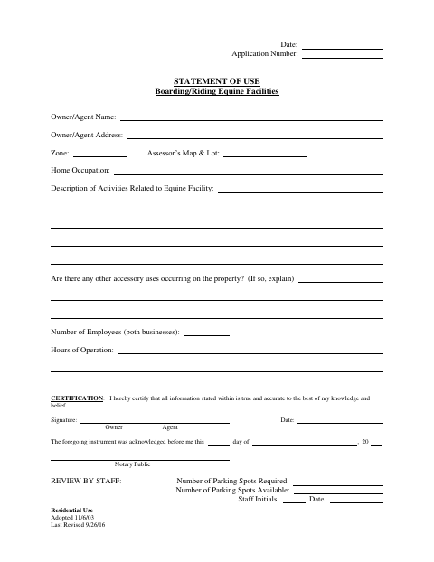 First page of the Statement of Use for Boarding and Riding Equine Facilities