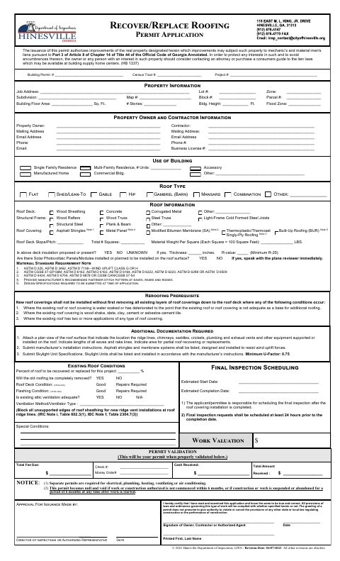 First page of the Recover/Replace Roofing Permit Application