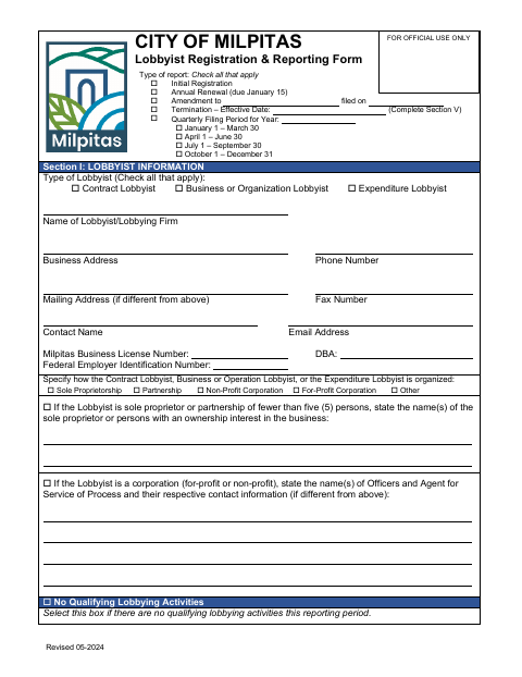 First page of the Lobbyist Registration and Reporting Form