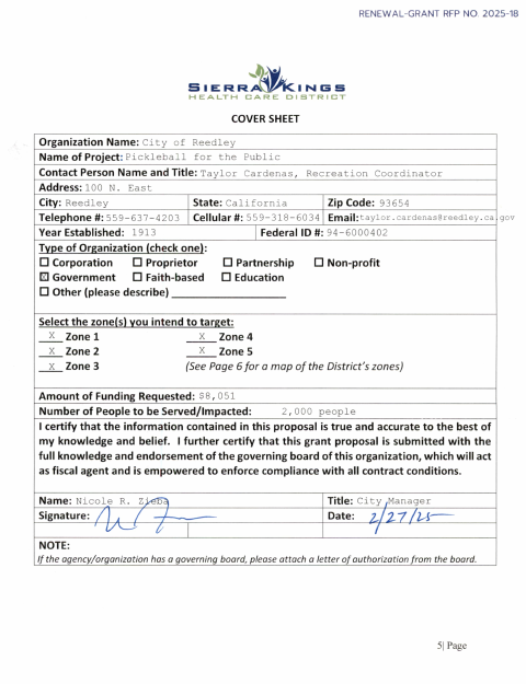 First page of the Public Pickleball Grant Application With Sierra Kings Health Care District