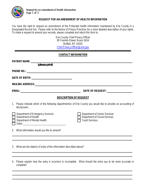 First page of the Request for an Amendment of Health Information