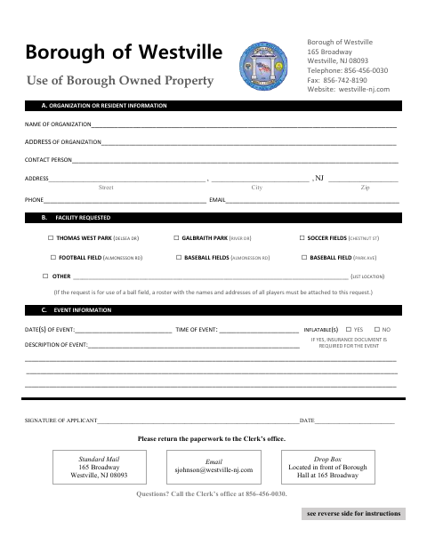 First page of the Request to Use Borough-Owned Property and Hold Harmless Agreement