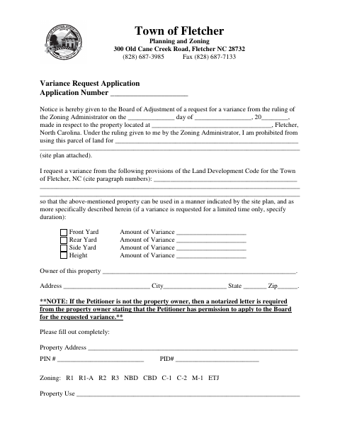 First page of the Variance Request Application