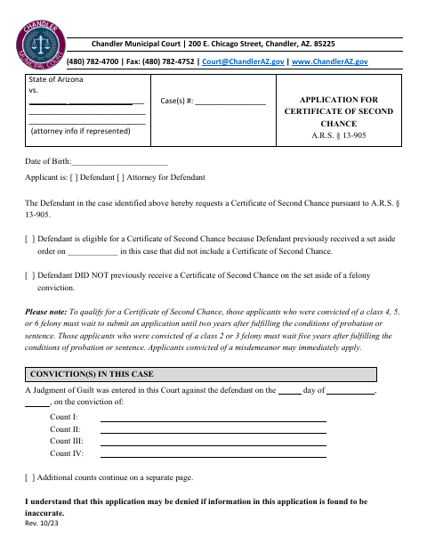 First page of the Application for Certificate of Second Chance