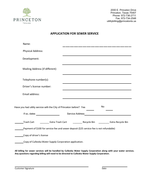 First page of the Application for Sewer Service